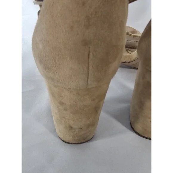 Sam Edelman Odila Scalloped Block Heel Sandals Suede Nude Beige Size 9 Dressy - Picture 8 of 8